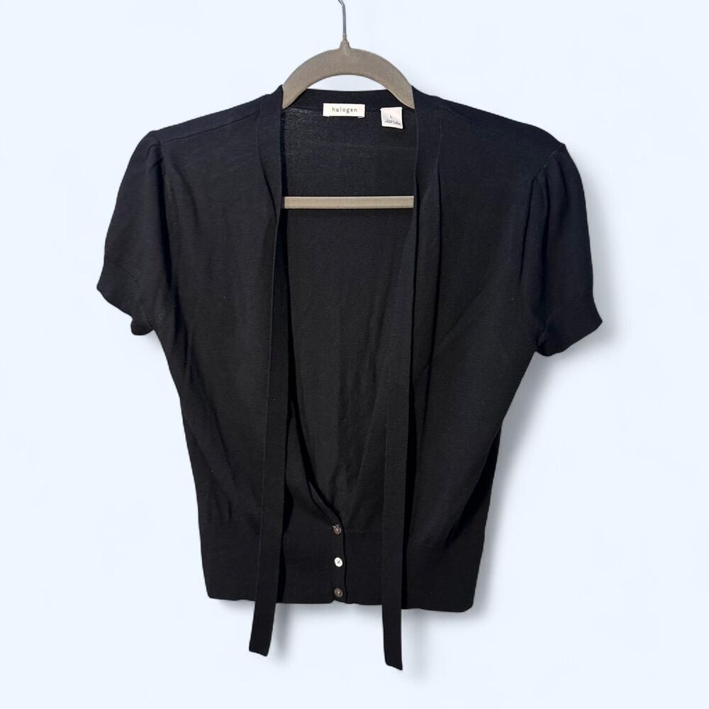 Black Short Sleeve Halogen Tie Neck Cardigan Cropped Knit Shrug Top Size L